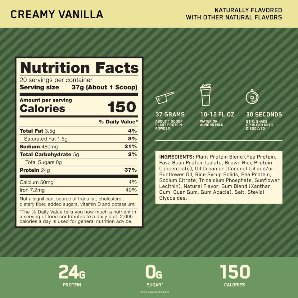 100% PLANT PROTEIN OPTIMUM NUTRITION GOLD STANDARD BAUNILHA 720G - 1.63 LBS