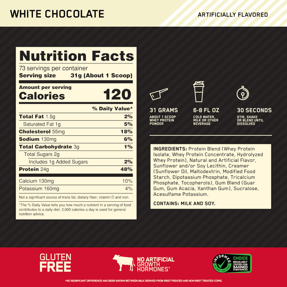100% Whey Optimum Nutrition Gold Standard Chocolate Branco 2,27kg - 5 Lbs - Globalbev