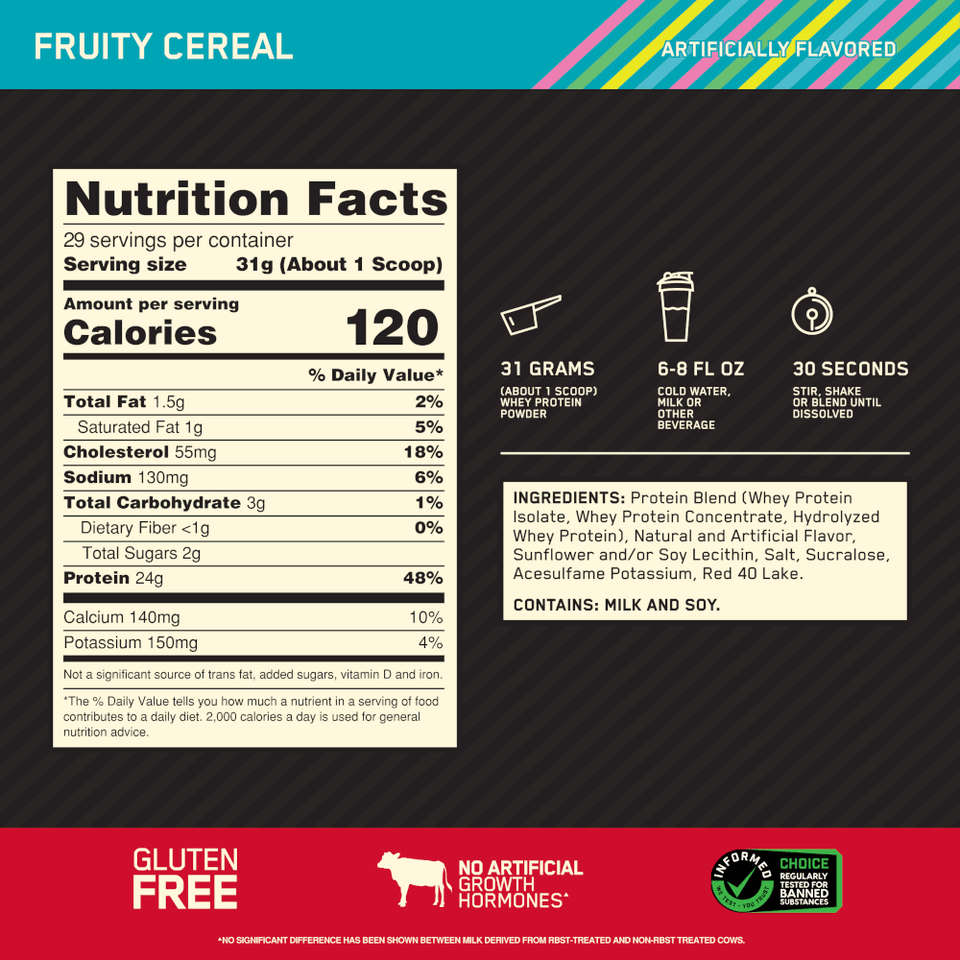 100% WHEY OPTIMUM NUTRITION GOLD STANDARD FRUITY CEREAL 900G - 1.98 LBS - Globalbev