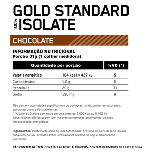 100% Whey Optimum Nutrition Gold Standard Isolate Chocolate 1,36kg - 3 Lbs - Globalbev
