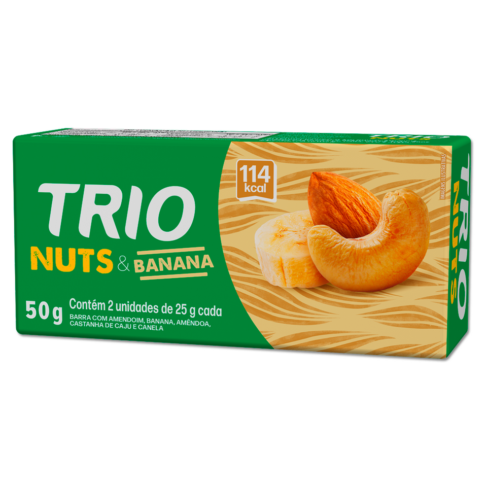 TRIO NUTS AMENDOAS, CASTANHA DE CAJU E BANANA 25G - CAIXA C/ 2 UNI.