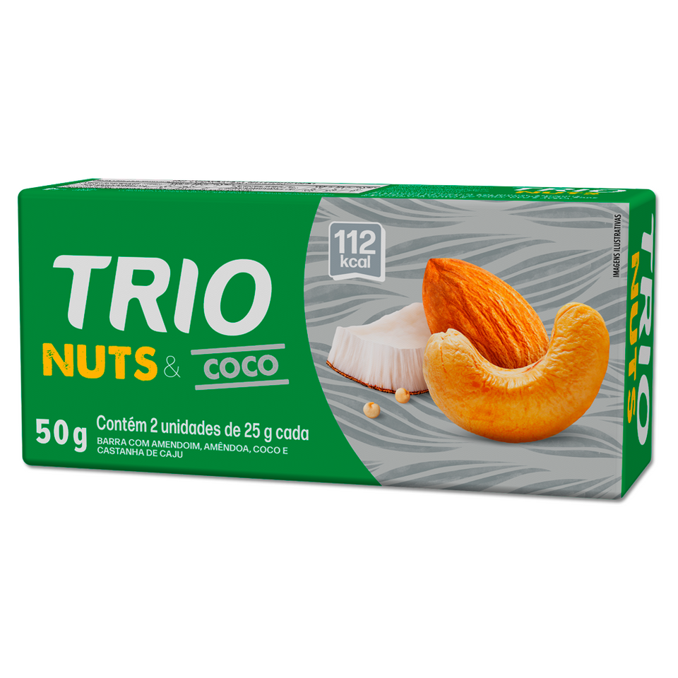 TRIO NUTS AMENDOAS, COCO E QUINOA 25G - CAIXA C/ 2 UNI.
