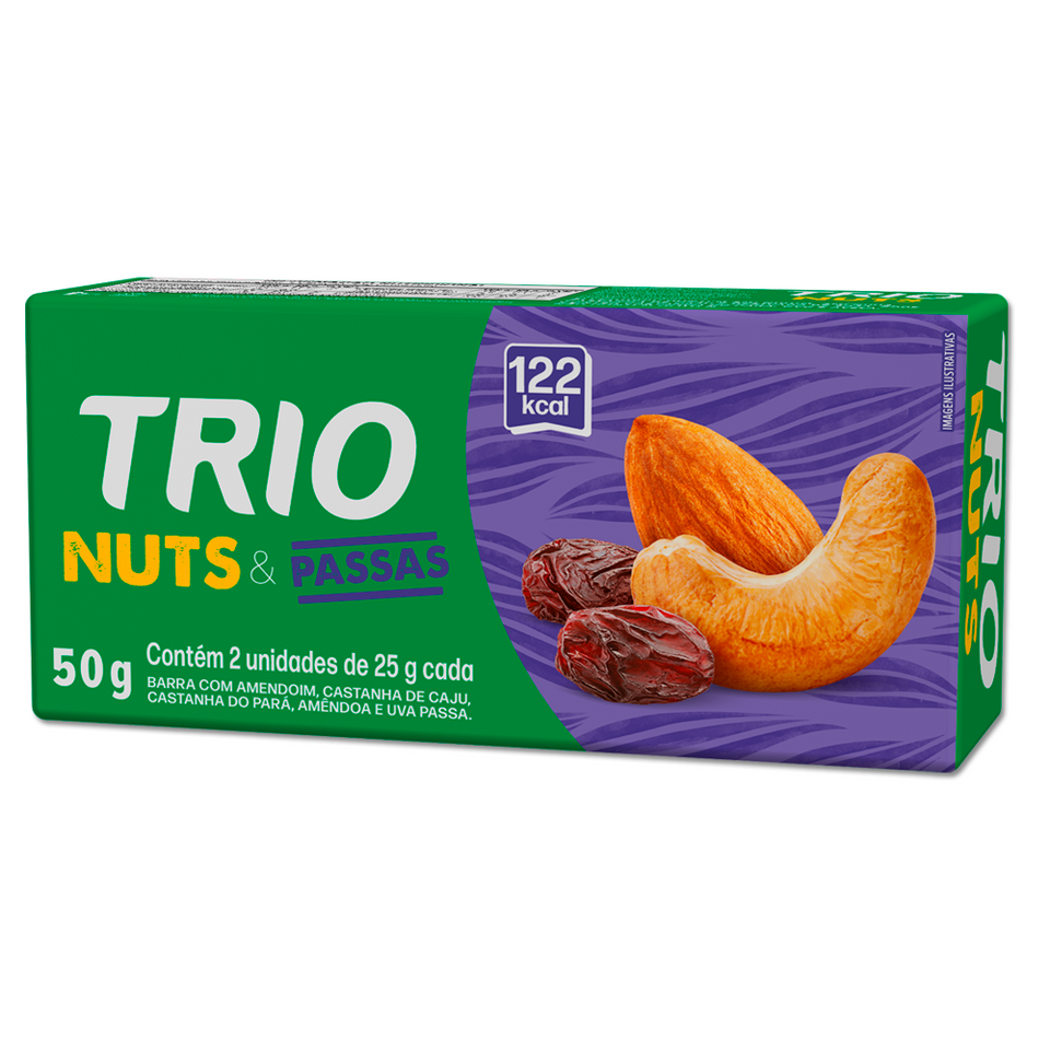 TRIO NUTS CASTANHA DE CAJU, CASTANHA DO PARA E PASSAS 25G - CAIXA C/ 2 UNI.