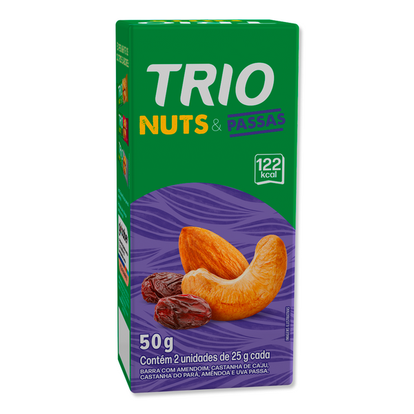 TRIO NUTS CASTANHA DE CAJU, CASTANHA DO PARA E PASSAS 25G - CAIXA C/ 2 UNI.