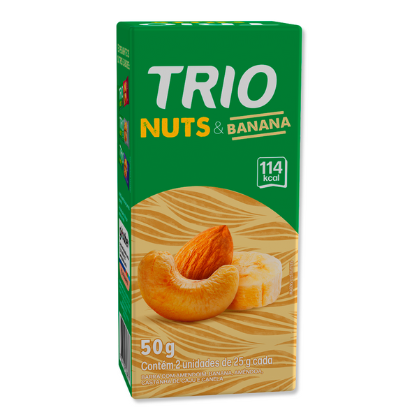 TRIO NUTS AMENDOAS, CASTANHA DE CAJU E BANANA 25G - CAIXA C/ 2 UNI.