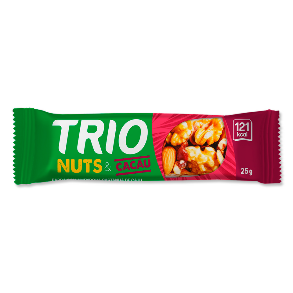 TRIO NUTS AMENDOAS, CASTANHA DE CAJU E CHOCOLATE 25G - CAIXA C/ 2 UNI.
