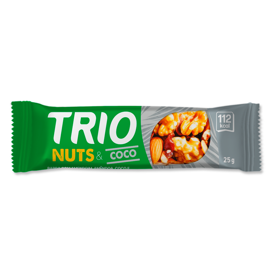 TRIO NUTS AMENDOAS, COCO E QUINOA 25G - CAIXA C/ 2 UNI.