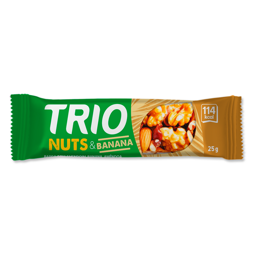 TRIO NUTS AMENDOAS, CASTANHA DE CAJU E BANANA 25G - CAIXA C/ 2 UNI.