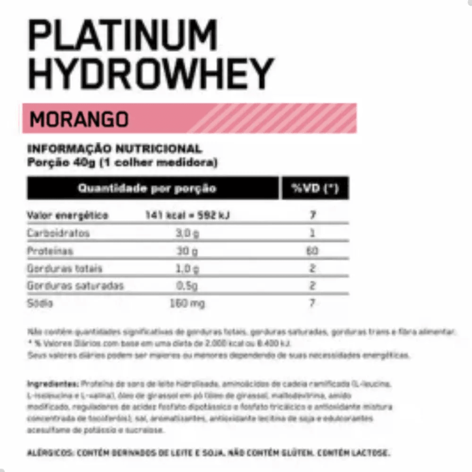 Platinum Hydro Whey Optimum Nutrition Morango 800g - 1.76 Lbs - Globalbev