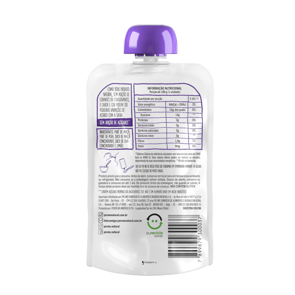 Purê de Frutas Pic-Me Pera, Uva e Maçã 100g - Globalbev