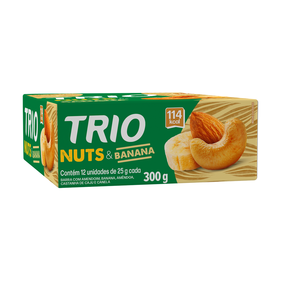 TRIO NUTS AMENDOAS, CASTANHA DE CAJU E BANANA 25G - CAIXA C/ 12 UNI.