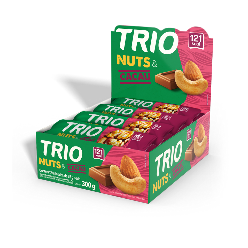 TRIO NUTS CACAU: AMENDOAS, CASTANHA DE CAJU E CHOCOLATE 25G - CAIXA C/ 12 UNI.