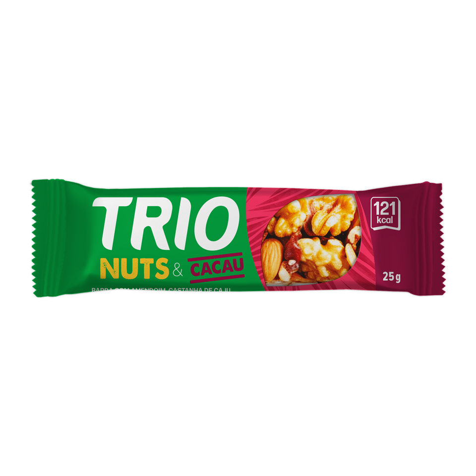 TRIO NUTS CACAU: AMENDOAS, CASTANHA DE CAJU E CHOCOLATE 25G - CAIXA C/ 12 UNI.