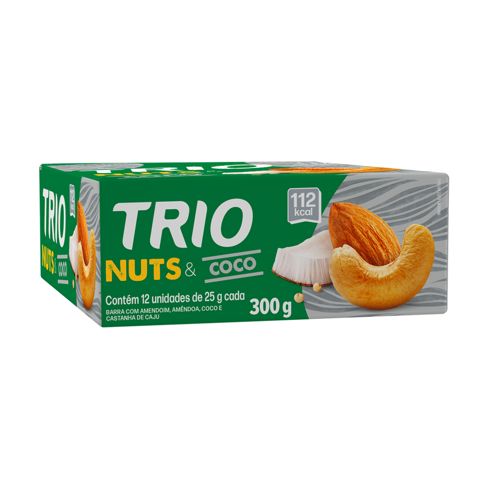 TRIO NUTS AMENDOAS, COCO E QUINOA 25G - CAIXA C/ 12 UNI.