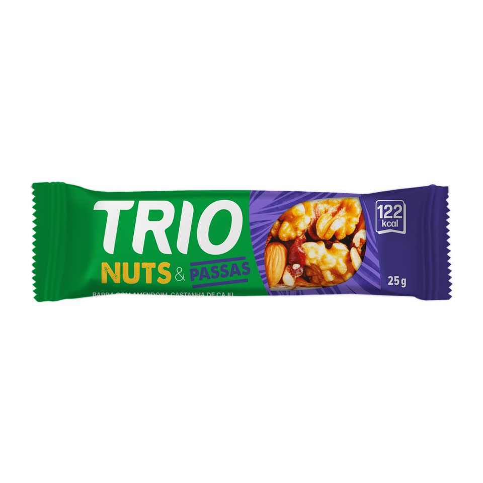 TRIO NUTS CASTANHA DE CAJU, CASTANHA DO PARA E PASSAS 25G - CAIXA C/ 12 UNI.