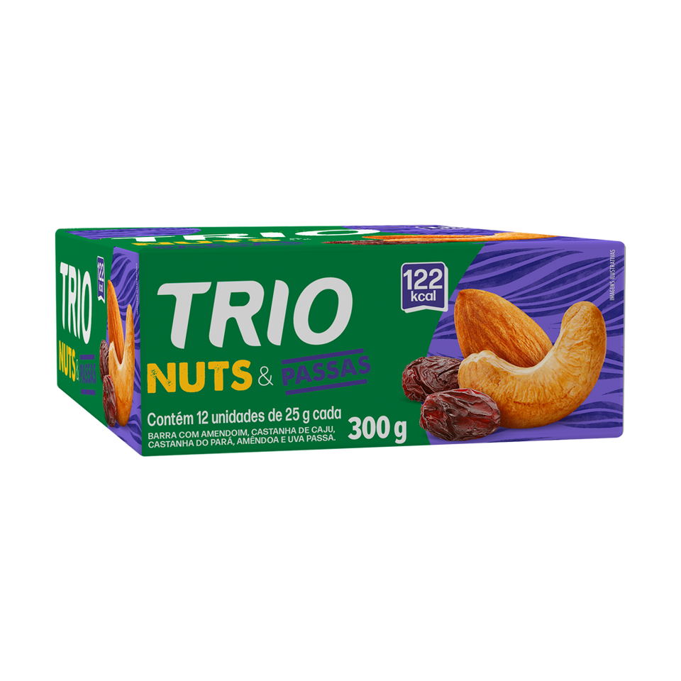 TRIO NUTS CASTANHA DE CAJU, CASTANHA DO PARA E PASSAS 25G - CAIXA C/ 12 UNI.