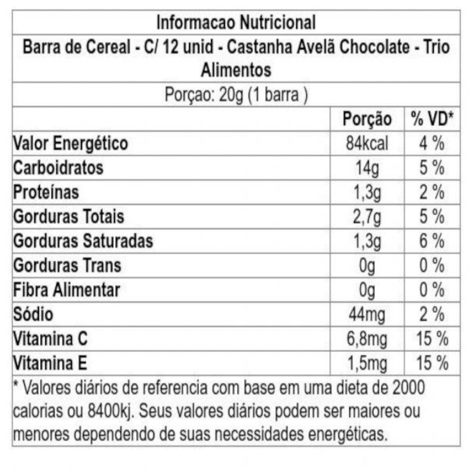 Barra de Cereal Trio Tradicional Avelã, Castanha e Chocolate 20g - Caixa c/ 12 uni. - Globalbev