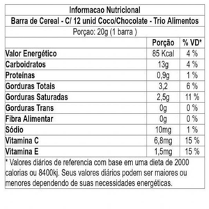 Barra de Cereal Trio Tradicional Coco Com Chocolate 20g - Caixa c/ 12 uni. - Globalbev