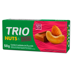 TRIO NUTS AMENDOAS, CASTANHA DE CAJU E CHOCOLATE 25G - CAIXA C/ 2 UNI.