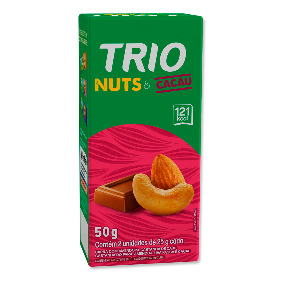 TRIO NUTS AMENDOAS, CASTANHA DE CAJU E CHOCOLATE 25G - CAIXA C/ 2 UNI.