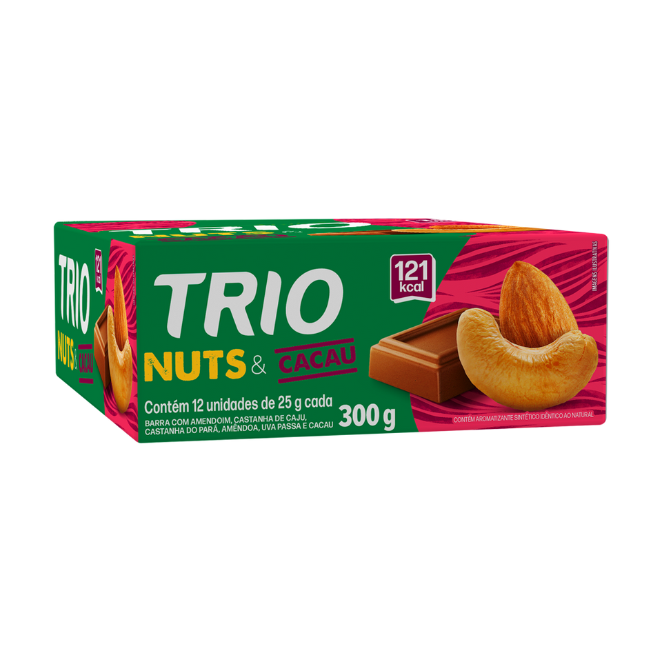 TRIO NUTS CACAU: AMENDOAS, CASTANHA DE CAJU E CHOCOLATE 25G - CAIXA C/ 12 UNI.
