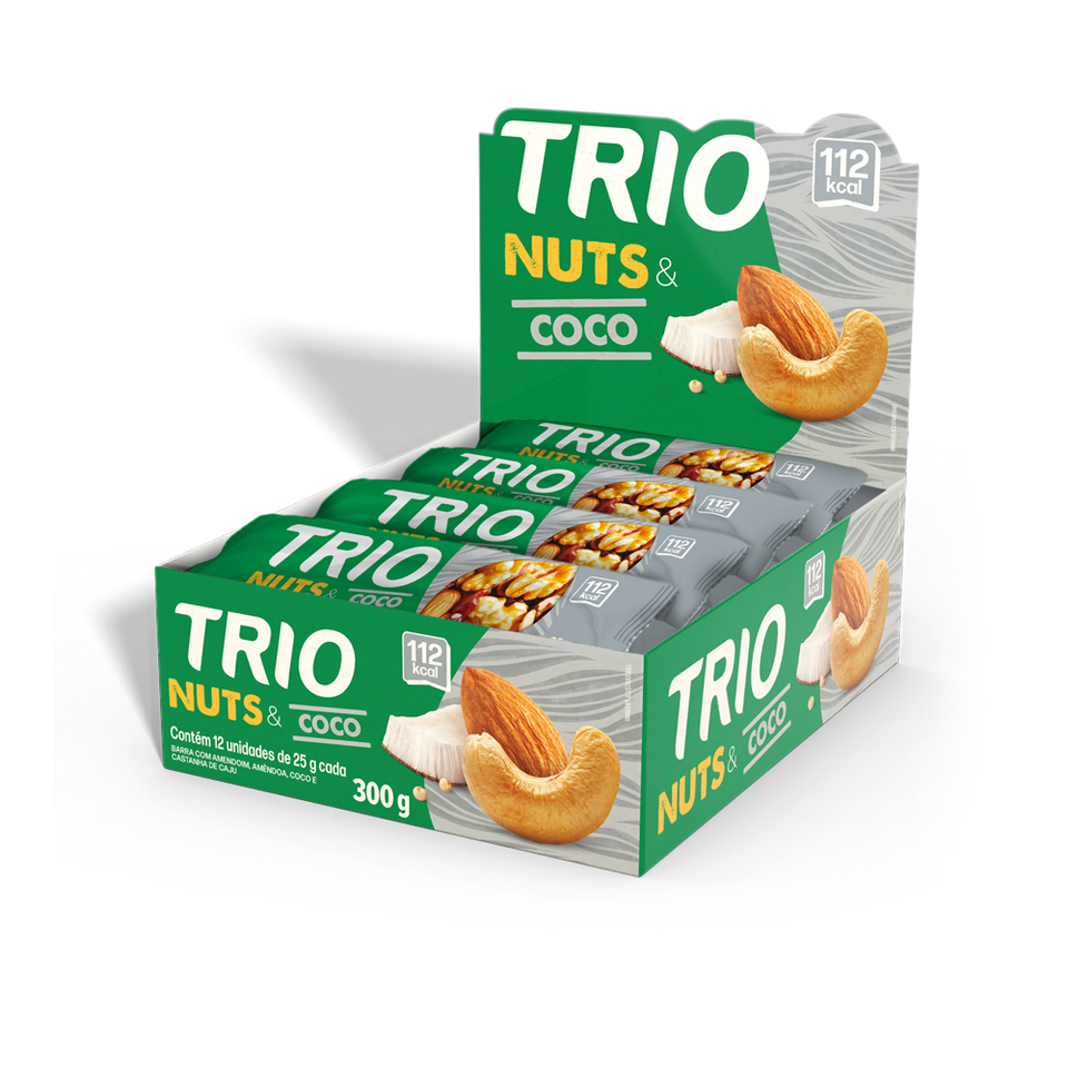 TRIO NUTS AMENDOAS, COCO E QUINOA 25G - CAIXA C/ 12 UNI.