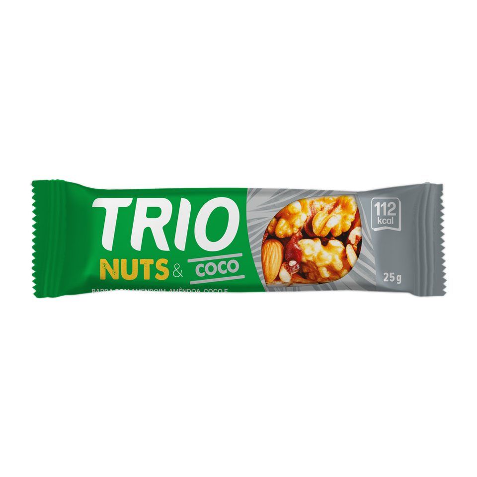 TRIO NUTS AMENDOAS, COCO E QUINOA 25G - CAIXA C/ 12 UNI.