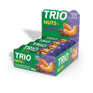 TRIO NUTS CASTANHA DE CAJU, CASTANHA DO PARA E PASSAS 25G - CAIXA C/ 12 UNI.