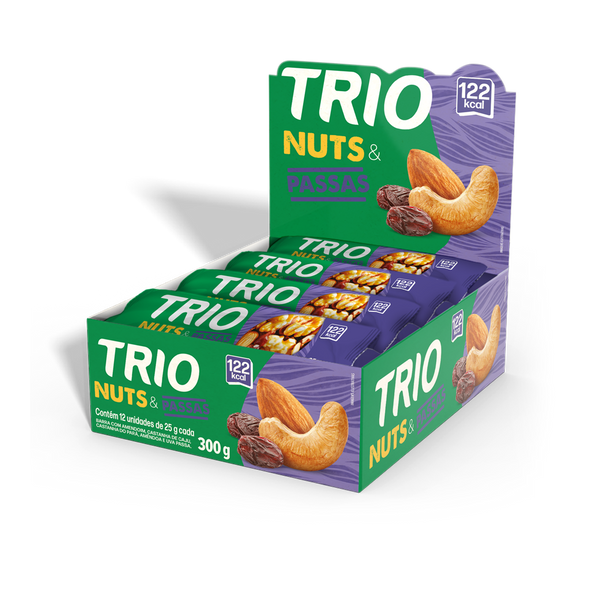 TRIO NUTS CASTANHA DE CAJU, CASTANHA DO PARA E PASSAS 25G - CAIXA C/ 12 UNI.